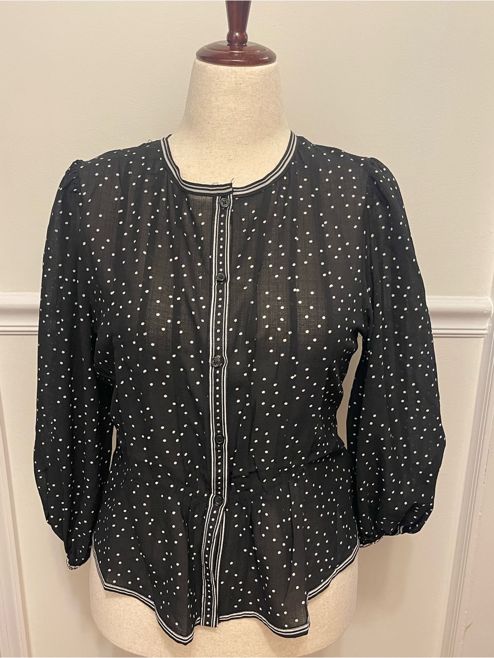 Max Studio London Polka Dot Blouse – Medium-NWT-Black & White Sheer Button Front
